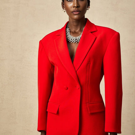 Isla Red Wool Blend Double Breasted Blazer Hourglass Silhouette Shoulder Pads Notched Lapels Front Flap Pockets