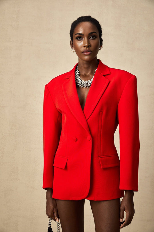 Isla Red Wool Blend Double Breasted Blazer Hourglass Silhouette Shoulder Pads Notched Lapels Front Flap Pockets