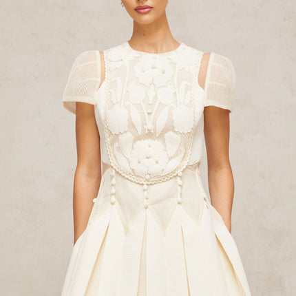 Isla White Floral Embroidered Mini Dress with Cinched Waist and Box Pleat Detailing