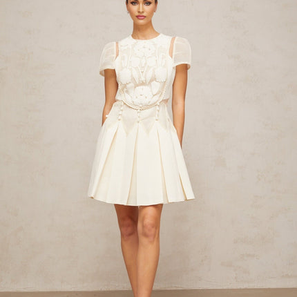 Isla White Floral Embroidered Mini Dress with Cinched Waist and Box Pleat Detailing