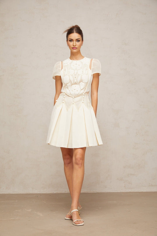 Isla White Floral Embroidered Mini Dress with Cinched Waist and Box Pleat Detailing
