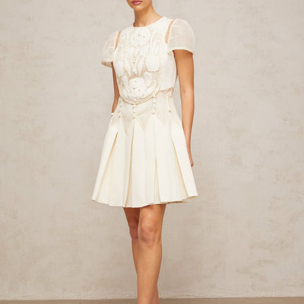 Isla White Floral Embroidered Mini Dress with Cinched Waist and Box Pleat Detailing