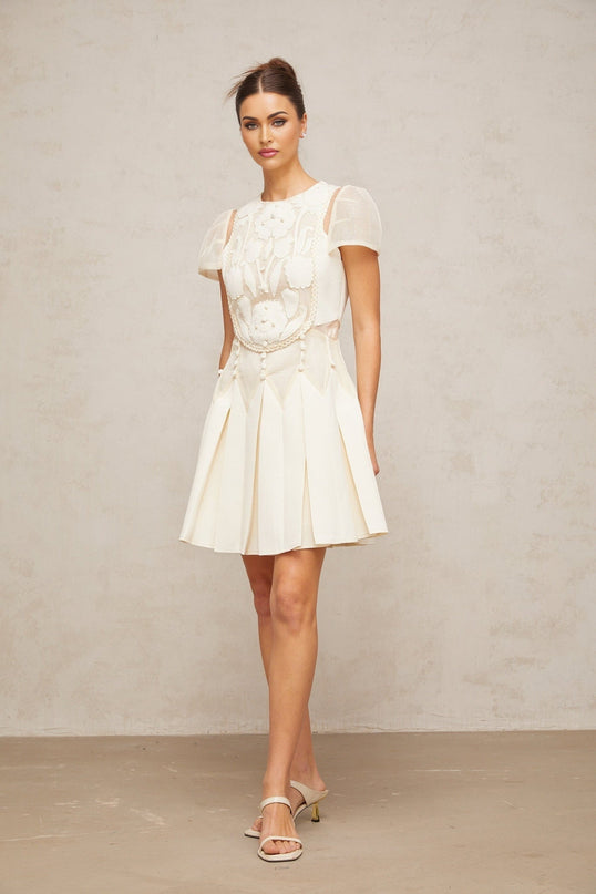 Isla White Floral Embroidered Mini Dress with Cinched Waist and Box Pleat Detailing