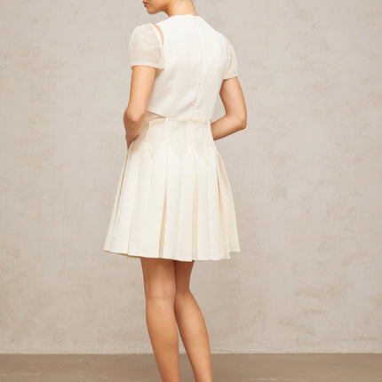 Isla White Floral Embroidered Mini Dress with Cinched Waist and Box Pleat Detailing