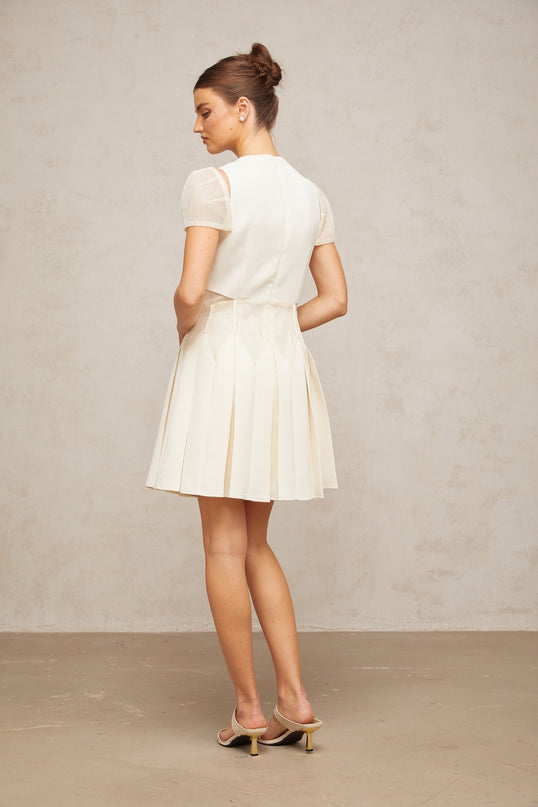 Isla White Floral Embroidered Mini Dress with Cinched Waist and Box Pleat Detailing