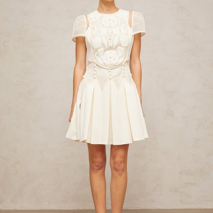 Isla White Floral Embroidered Mini Dress with Cinched Waist and Box Pleat Detailing