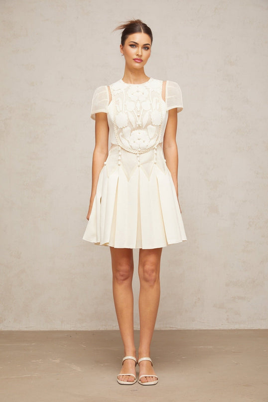 Isla White Floral Embroidered Mini Dress with Cinched Waist and Box Pleat Detailing