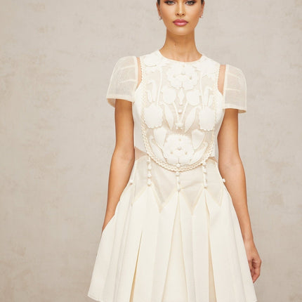 Isla White Floral Embroidered Mini Dress with Cinched Waist and Box Pleat Detailing
