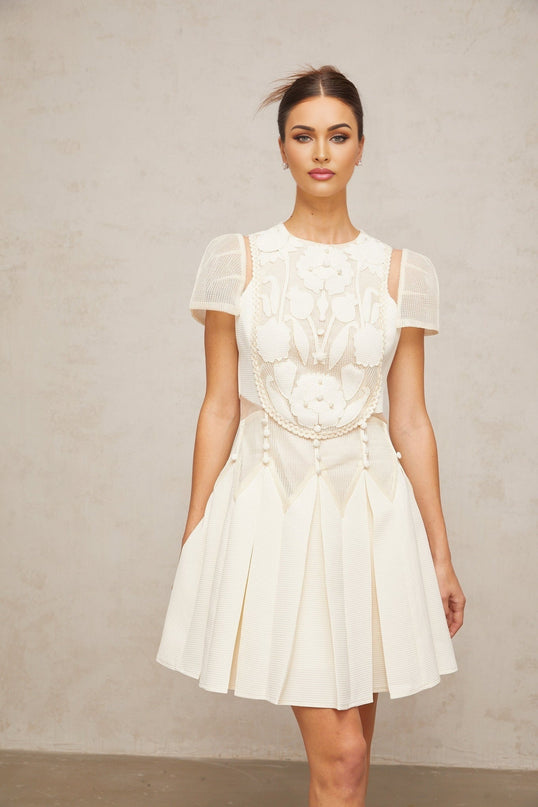 Isla White Floral Embroidered Mini Dress with Cinched Waist and Box Pleat Detailing