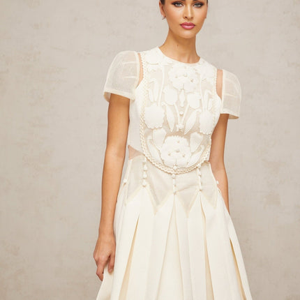 Isla White Floral Embroidered Mini Dress with Cinched Waist and Box Pleat Detailing