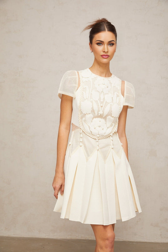 Isla White Floral Embroidered Mini Dress with Cinched Waist and Box Pleat Detailing