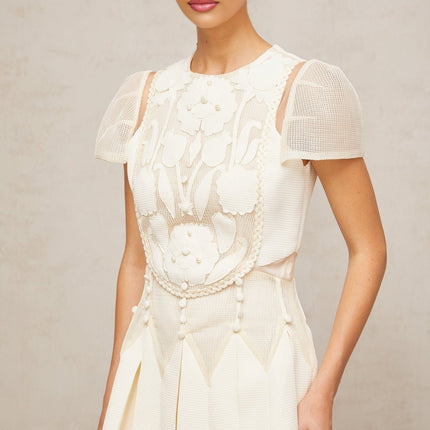 Isla White Floral Embroidered Mini Dress with Cinched Waist and Box Pleat Detailing