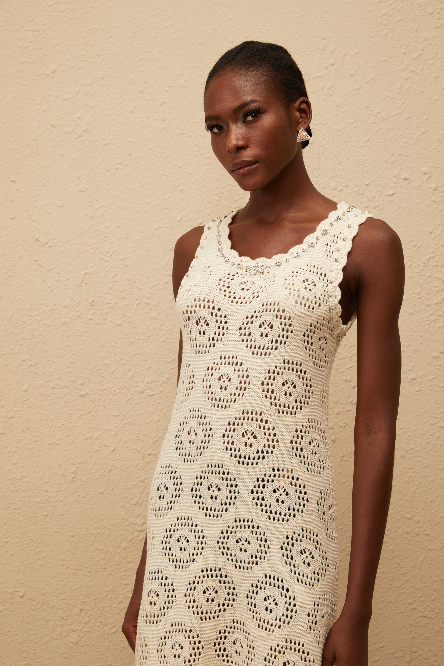 Ismérie White Scalloped Crochet Knit Mini Dress
