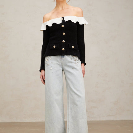 Ivana Black and White Velvet Off-Shoulder Top with Ruffled Trim and Gold-Tone Buttons
