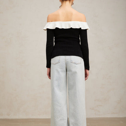 Ivana Black and White Color-Blocked Velvet Top with Ruffled Trim and Gold-Tone Buttons