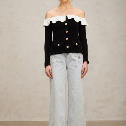 Ivana Black and White Velvet Top with Ruffled Trim and Gold-Tone Buttons