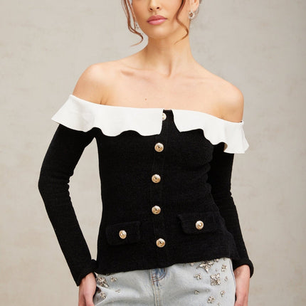 Ivana Black and White Velvet Top with Ruffled Trim and Gold-Tone Buttons