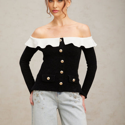 Ivana Black and White Color-Blocked Velvet Top with Ruffled Trim and Gold-Tone Buttons