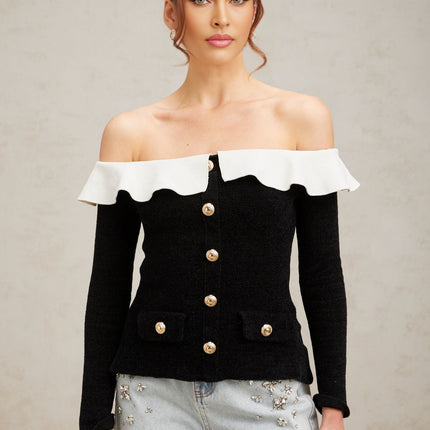 Ivana Black and White Velvet Off-Shoulder Top with Ruffled Trim and Gold-Tone Buttons