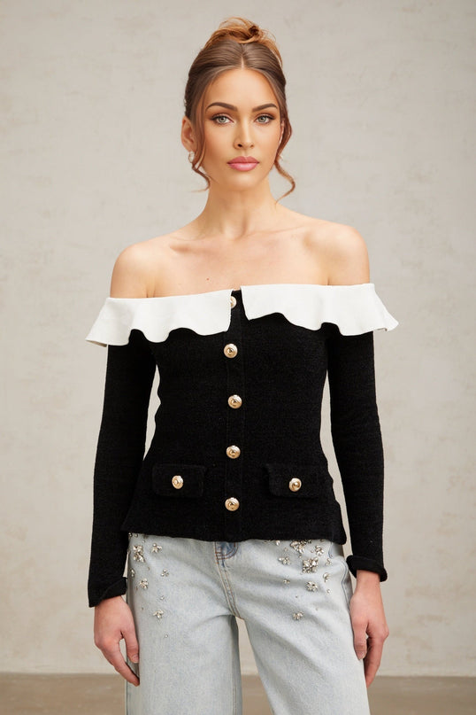 Ivana Black and White Velvet Off-Shoulder Top with Ruffled Trim and Gold-Tone Buttons