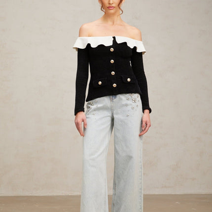 Ivana Black and White Velvet Off-Shoulder Top with Ruffled Trim and Gold-Tone Buttons