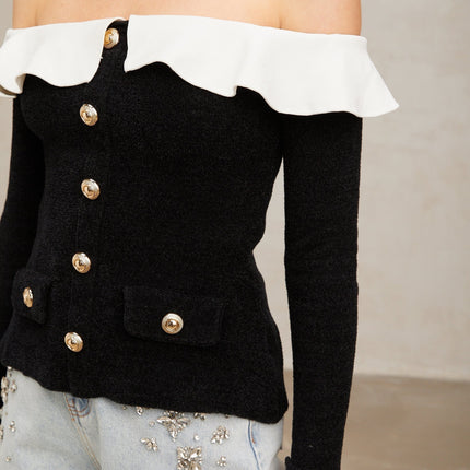 Ivana Black and White Velvet Off-Shoulder Top with Ruffled Trim and Gold-Tone Buttons