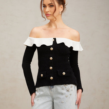 Ivana Black and White Color-Blocked Velvet Top with Ruffled Trim and Gold-Tone Buttons