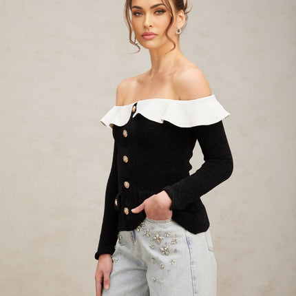 Ivana Black and White Color Blocked Velvet Top with Ruffled Trim and Gold-Tone Buttons