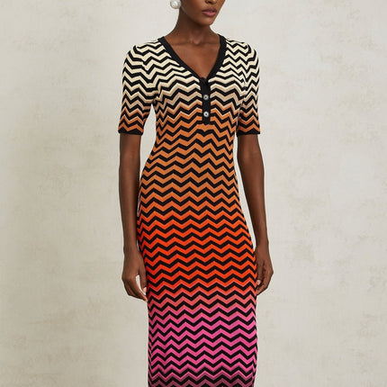 Ivana Brown Gradient Zigzag Knit Midi Dress with V-neck and short sleeves