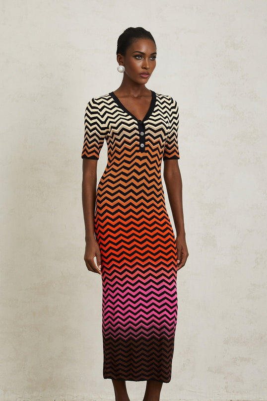 Ivana Brown Gradient Zigzag Knit Midi Dress with V-neck and short sleeves