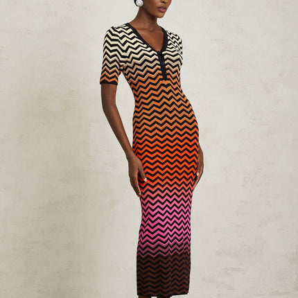 Ivana Brown Gradient Zigzag Knit Midi Dress with V-neck and short sleeves