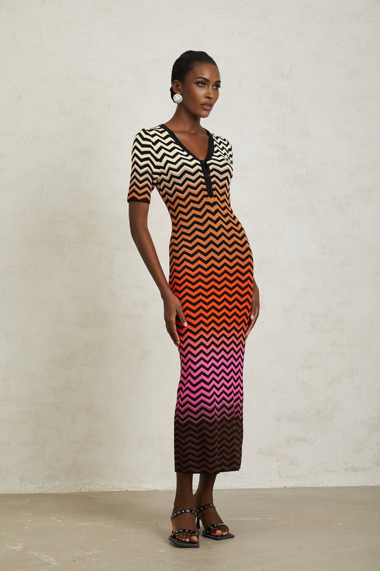 Ivana Brown Gradient Zigzag Knit Midi Dress with V-neck and short sleeves