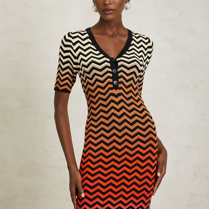 Ivana Brown Gradient Zigzag Knit Midi Dress with V-neck and short sleeves