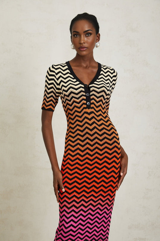 Ivana Brown Gradient Zigzag Knit Midi Dress with V-neck and short sleeves