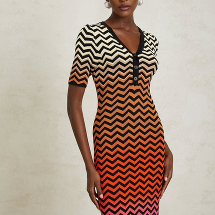 Ivana Brown Gradient Zigzag Knit Midi Dress