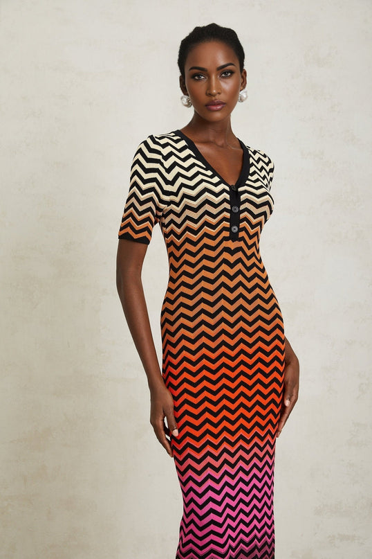 Ivana Brown Gradient Zigzag Knit Midi Dress