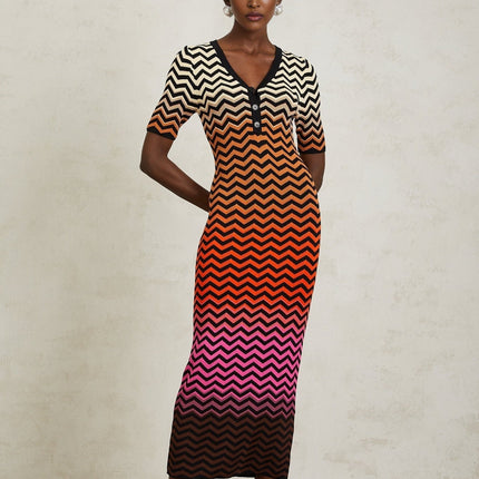 Ivana Brown Gradient Zigzag Knit Midi Dress
