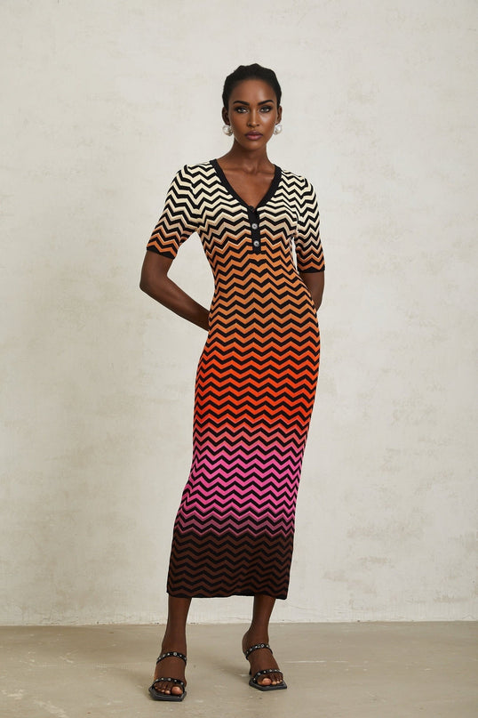 Ivana Brown Gradient Zigzag Knit Midi Dress