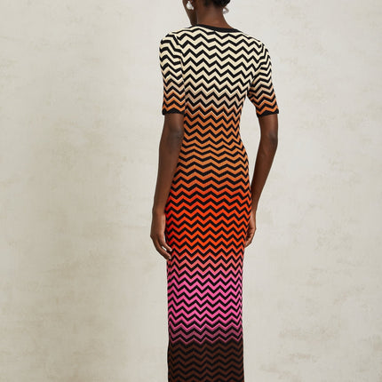 Ivana Brown Gradient Zigzag Knit Midi Dress with V-neck and short sleeves