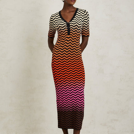 Ivana Brown Gradient Zigzag Knit Midi Dress