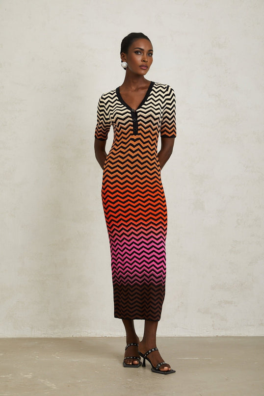 Ivana Brown Gradient Zigzag Knit Midi Dress