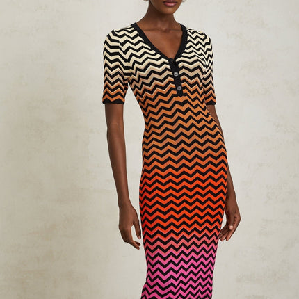 Ivana Brown Gradient Zigzag Knit Midi Dress