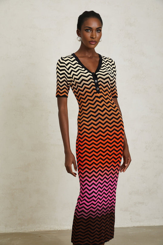 Ivana Brown Gradient Zigzag Knit Midi Dress