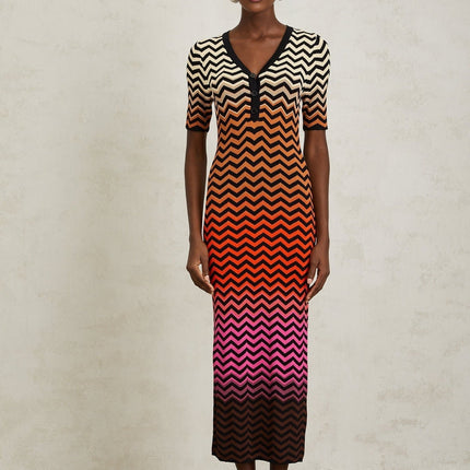 Ivana Brown Gradient Zigzag Knit Midi Dress