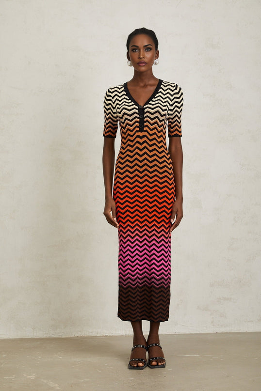 Ivana Brown Gradient Zigzag Knit Midi Dress