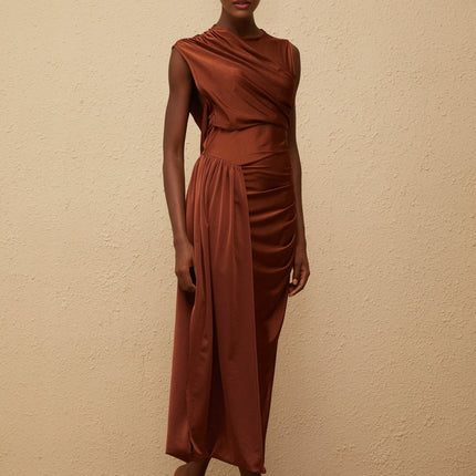 Ivanka Maxi Dress in Brown Sleeveless Crew Neck Ruched Detailing Asymmetrical Design Side Slit Slip-On Style Maxi Length
