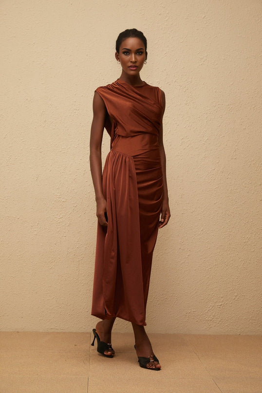 Ivanka Maxi Dress in Brown Sleeveless Crew Neck Ruched Detailing Asymmetrical Design Side Slit Slip-On Style Maxi Length
