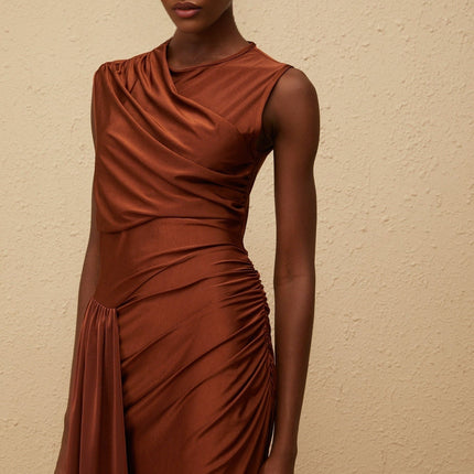 Ivanka Maxi Dress in mesmerizing brown with ruched detailing and asymmetrical design