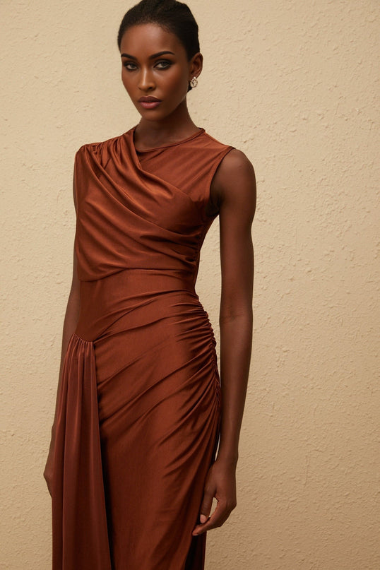 Ivanka Maxi Dress in mesmerizing brown with ruched detailing and asymmetrical design