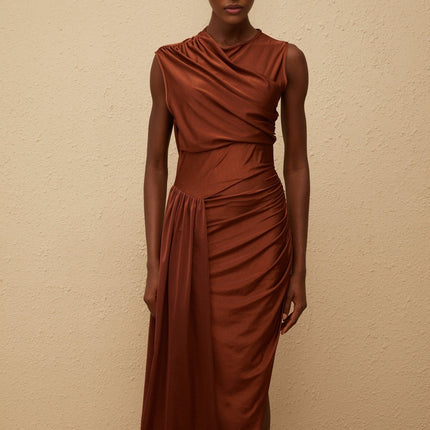 Ivanka Maxi Dress in Brown Sleeveless Crew Neck Fitted Waistline Ruched Detailing Asymmetrical Design Side Slit Slip-On Style Maxi Length Luxurious Blend of Terylene and Elastane